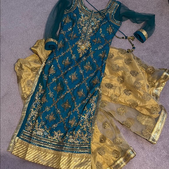 Elegant Teal and Gold Embroidered Dress
